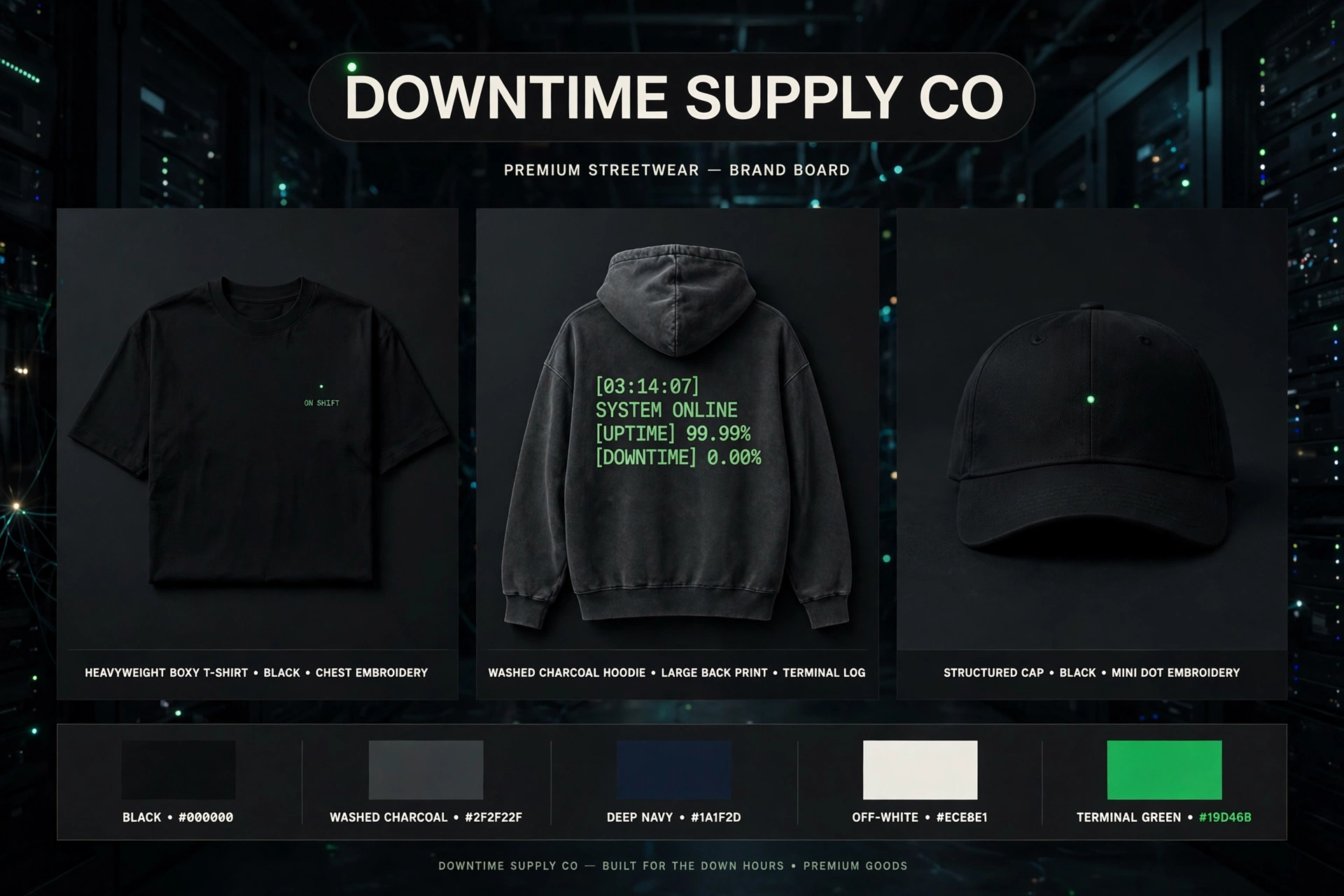 DOWNTIME SUPPLY CO. brand board: wordmark, ON SHIFT embroidered emblem, product mockups and color palette