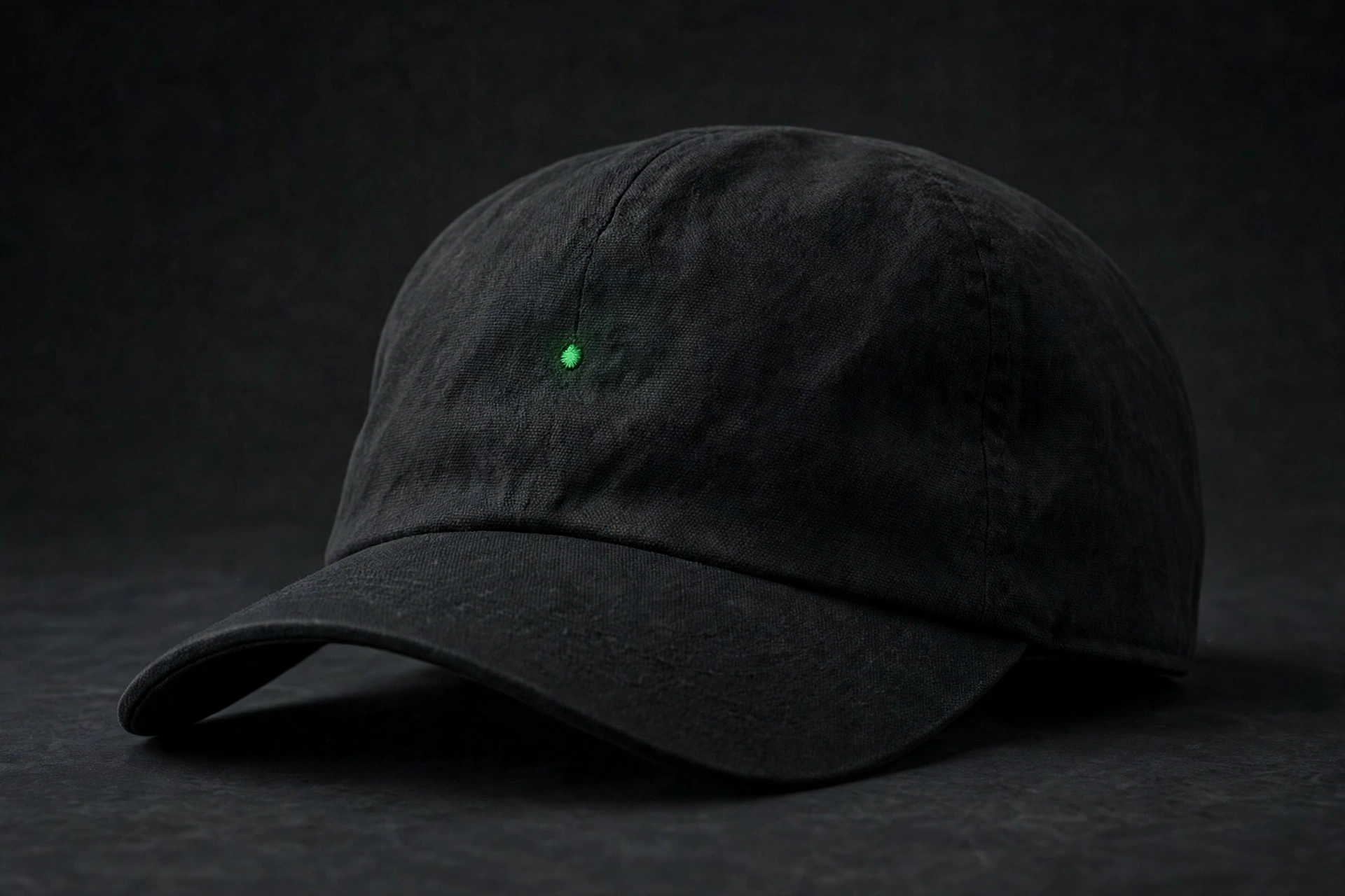 Dot Cap in black with a single small green dot embroidered on the front