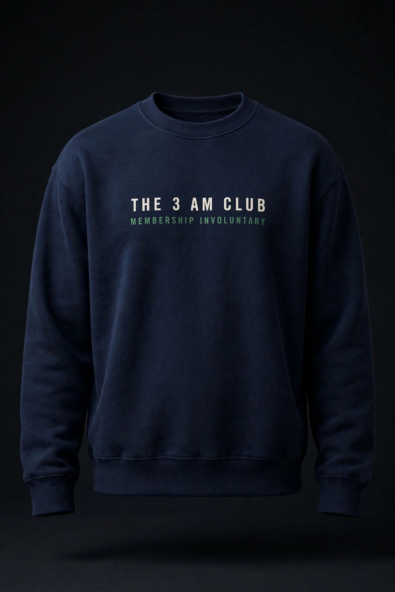 3 AM Club Crewneck in deep navy with THE 3 AM CLUB across the chest