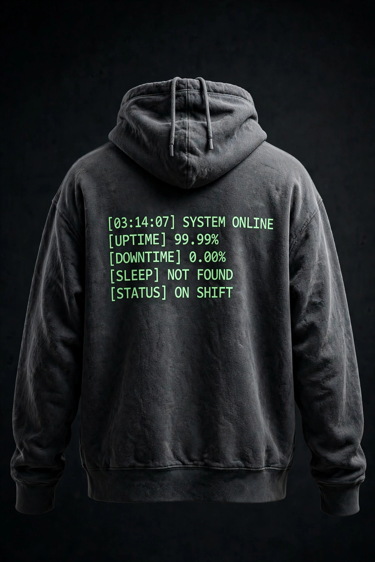 Server Log Hoodie in washed charcoal with the shift log printed on the back